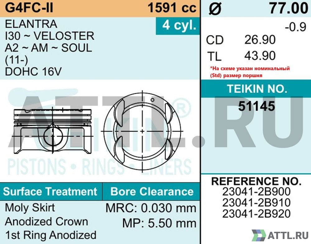 TEIKIN 51145 050 Комплект поршней G4FC-II