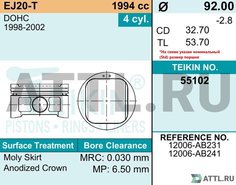 TEIKIN 55102 050 Комплект поршней EJ20-T